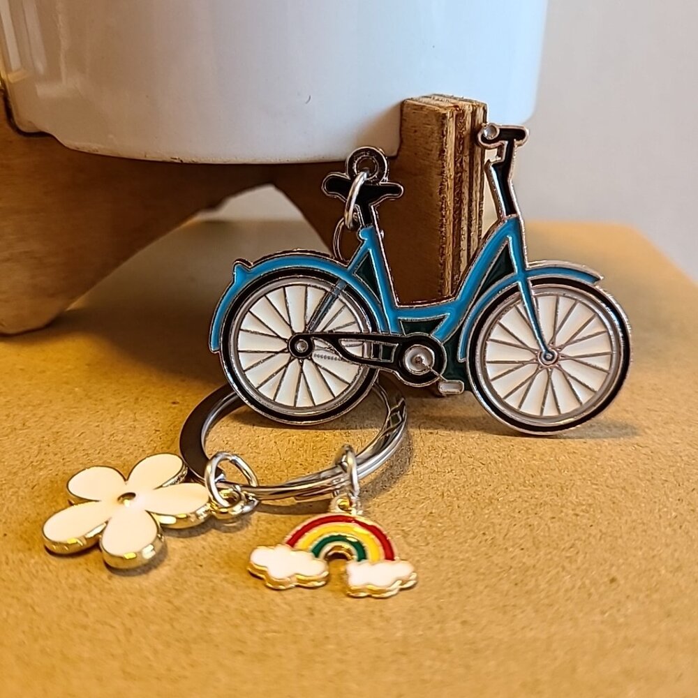 Bike Bicycle Keychain with Rainbow‎ and Flower Charms Cute Fun Keyring NEW
